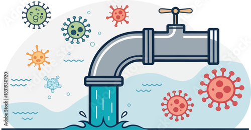 Illustration of sewage bacteria in dirty water pipe