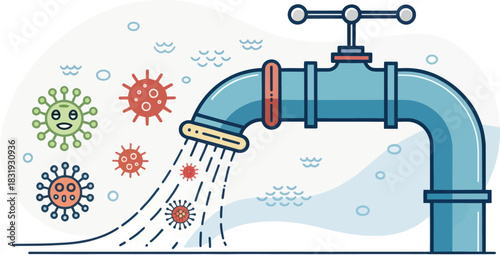 Icon of sewage pipe discharging pathogen filled water