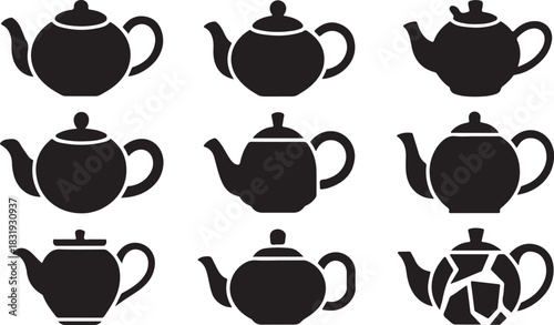 Collection of nine black silhouette teapots in various styles on a white background kettle drink