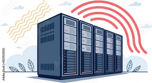 Icon of a Large Data Center Emitting Heat and Processing Data