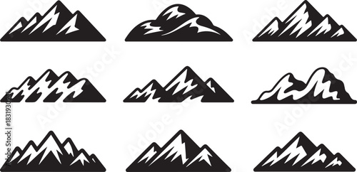 Collection of nine black and white stylized mountain range icons and silhouettes on a white background