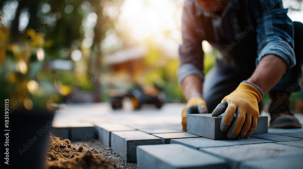 Naklejka premium Faceless landscaper man laying interlocking paving stones creating new backyard patio defocused garden background wearing protective gloves work clothes outdoor hardscaping