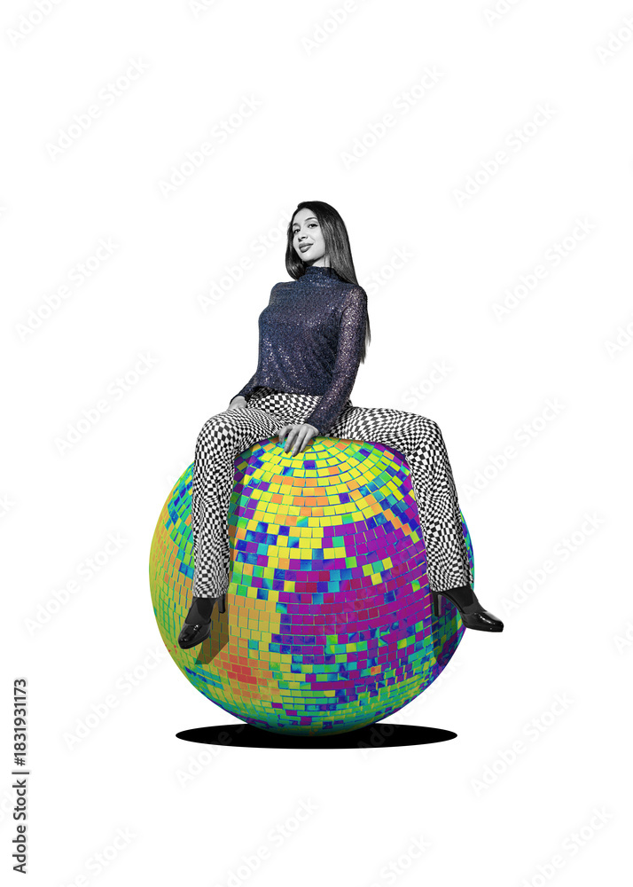 Naklejka premium Party girl sitting on a large mirror disco ball, isolated on free png background. Party, carnival Time concept