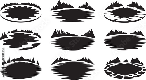 Collection of nine stylized black silhouette circular nature landscape icons with mountains and water