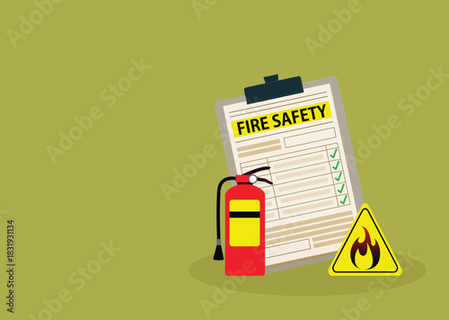 Fire fighting checklist. Extinguisher and paper tablet with checkmarks. Document at clipboard. Firefighting safety. Flame prevention checklist page. Extinguishing guidance

