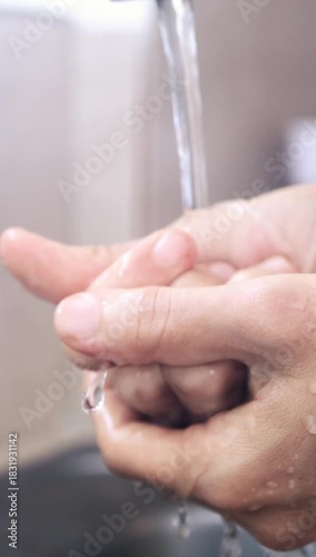 Woman washing hands in kitchen before food preparation. Vertical video