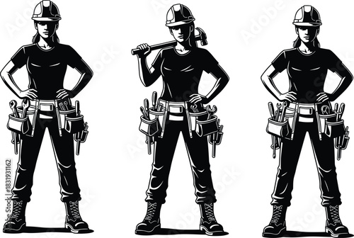 Confident construction worker in hard hat with tool belt, cargo pants, and boots — black and white vector illustration set