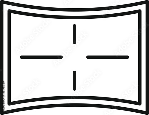 Simple black and white line drawing of a curved panoramic monitor displaying a crosshair, suitable for gaming, video editing, or other applications requiring precise targeting