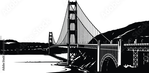 Golden Gate Bridge illustration, San Francisco landmark, black and white sketch, suspension architecture, scenic travel art, iconic USA destination