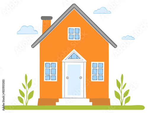 Illustration of a cute orange house with windows, door, chimney, roof, grass and plants