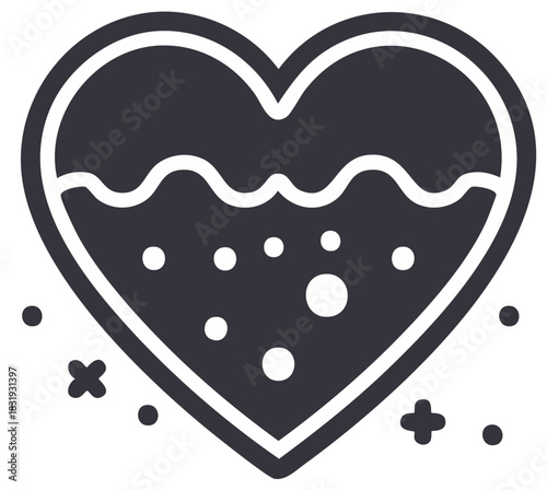Heart-shaped potion icon filled with bubbly liquid, magic concoction with love theme and sparkles.