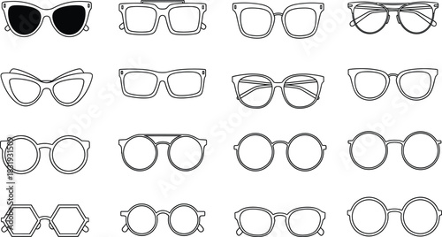 Mega Vector Set of Line Art Eyeglasses and Sunglasses Icons, Featuring Various Modern and Retro Frames, Including Round, Cat-Eye, and Hexagonal Shapes, Ideal for Fashion and Vision Themes