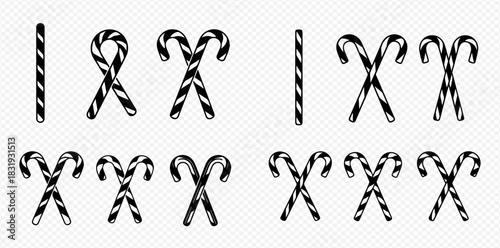 Set of black and white striped candy canes, Christmas sweet treats, holiday season decorations.