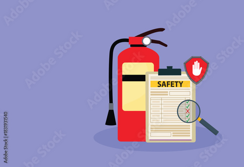 Fire fighting checklist. Extinguisher and paper tablet with checkmarks. Document at clipboard. Firefighting safety. Flame prevention checklist page. Extinguishing guidance
