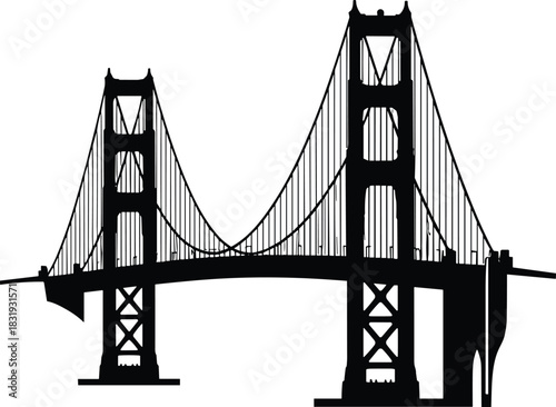 Golden Gate Bridge silhouette, San Francisco landmark, suspension bridge, iconic architecture, travel destination, black vector, skyline, engineering marvel, USA