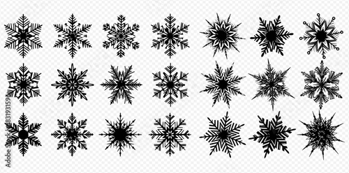 Set of twenty different black snowflake icons with intricate details on a transparent background.