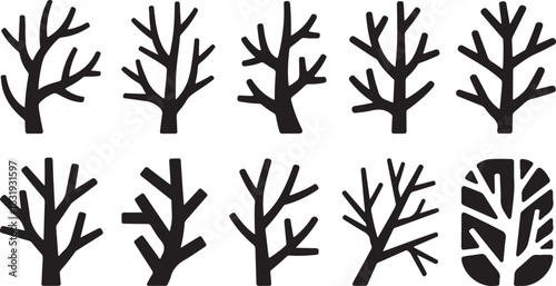 Collection of ten black silhouettes of bare tree branches and abstract tree shapes Keywords: tree, branches, silhouette, bare, winter, nature, abstract, design, graphic, element, icon, isolated