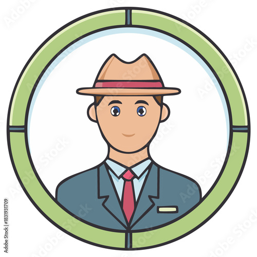 Man in fedora hat and suit targeted in a green sniper scope crosshairs vector illustration
