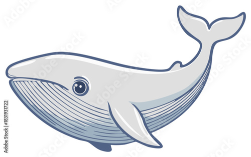 Whimsical illustration of a friendly grey whale with blue markings swimming