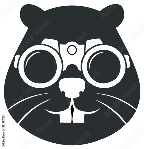 Stylized dark grey rodent wearing binoculars iconic illustration looking curiously