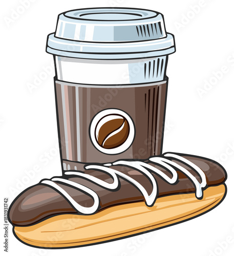 Disposable Coffee Cup with a Brown Coffee Bean Logo and a Chocolate Eclair Pastry Cartoon Graphic