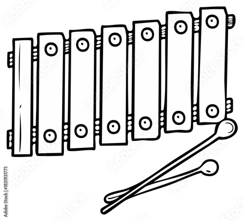 Doodle illustration of a toy xylophone with mallets; simple vector drawing of a musical instrument for children