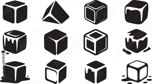 Collection of twelve black and white ice cube icons in various melting stages frozen cold