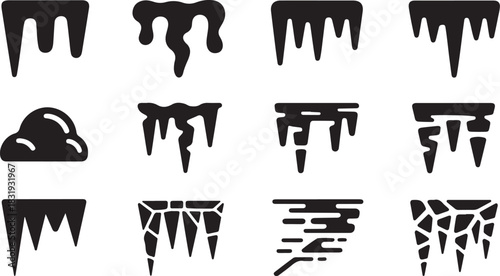 Collection of twelve black and white icicle and ice formations icons Keywords: icicle, ice, winter, cold, frozen, drip, melt, frost, snow, weather, nature, season, element, design, graphic, icon