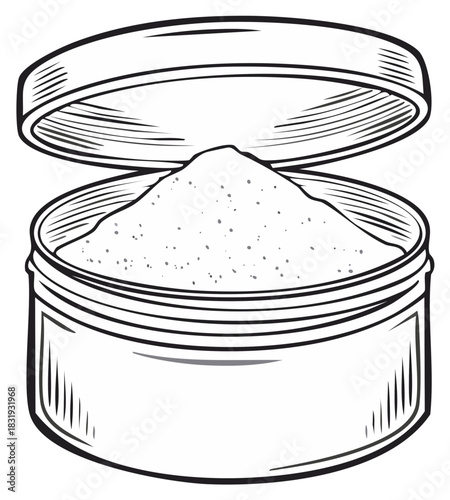 Vector Illustration: Open jar with grainy contents, line drawing, for print or web use.