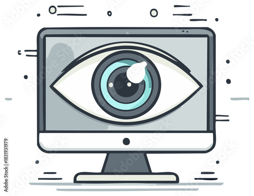 Cartoon Computer Displaying Giant Eye Symbolizing Online Security and Digital Surveillance on White Backdrop