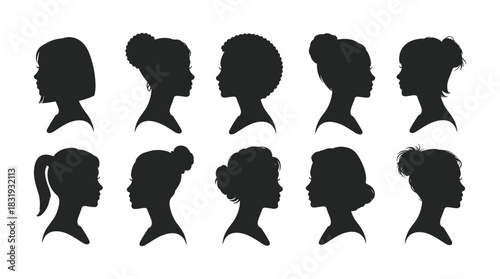 A collection of diverse female head silhouettes in profile, showcasing a variety of distinctive hairstyles