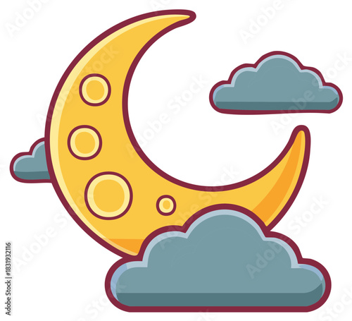 Stylized yellow crescent moon with craters and clouds in a cartoon vector illustration