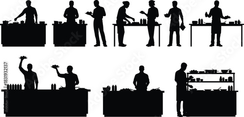Chefs and kitchen staff silhouettes set, cooking men at counter, restaurant workers preparing food, vector collection isolated on white background