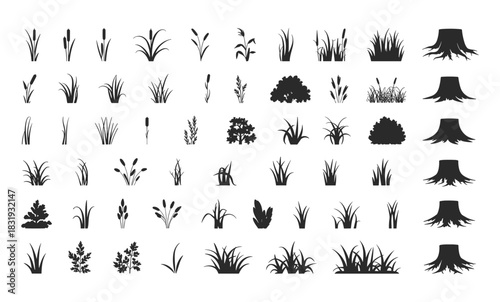A detailed collection of natural plant, grass, bush, and tree stump silhouettes for various design projects