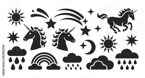 An enchanting collection of black silhouette icons depicts unicorns, stars, the sun, moon, clouds and a rainbow