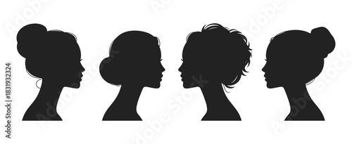 Four elegant female head silhouettes are depicted in profile, showcasing various distinct hairstyles