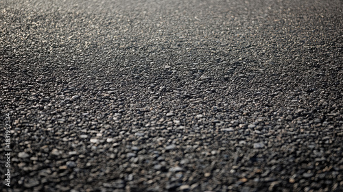 Asphalt road surface with small gravel stones creating rough texture under natural light, showing detailed close up of pavement material