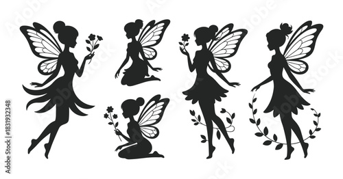 Set of elegant fairy silhouettes depicting mystical winged creatures with delicate flowers and flowing vines