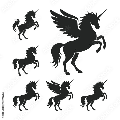 A graphic collection of enchanting unicorn and winged unicorn silhouettes in dynamic rearing poses