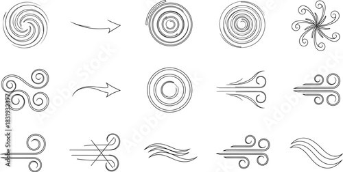Stylized Wind and Swirl Vector Icon Set Representing Air Flow, Vortex, and Movement for Weather Forecasts, Energy Diagrams, and Abstract Design Concepts