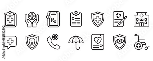 Medical healthcare line icons for insurance, clinic, hospital, pharmacy business and marketing campaigns, vector designs for websites and apps