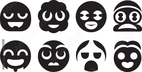 Eight black and white graphic icons representing different facial expressions and emotions emoji emoticon