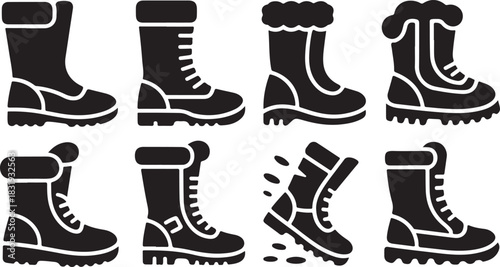 Eight black and white icons of winter boots and snow boots with different designs Keywords: boots, winter boots, snow boots, footwear, shoes, winter footwear, outdoor shoes, hiking boots, fashion