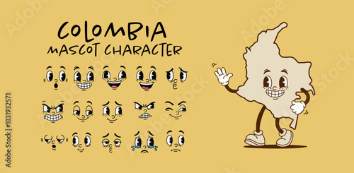 Vintage Colombia country map mascot character with cartoon facial expression set