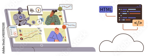 Laptop screen showing AI analyzing data, human interaction, and coding process. Ideal for technology, AI, programming, data analytics, teamwork cloud computing and innovation. A simple flat