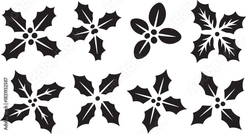 Eight black and white stylized holly leaf icons and silhouettes with berries on a white background leaves