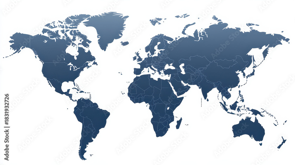 Obraz premium World map with country borders in blue gradient, global geography concept showing continents and nations clearly