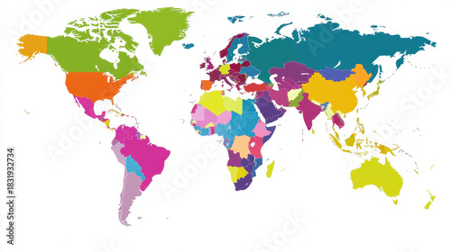 World map with colorful countries, vibrant and clear political borders showing continents and nations in bright colors