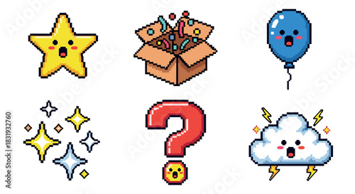 Cute pixel art icon set with surprised kawaii characters including a star, box, balloon, question mark, and cloud in a retro 8-bit video game style, isolated on white