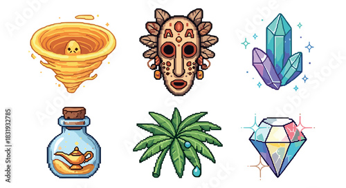Collection of six pixel art fantasy game icons featuring a tornado, tribal mask, magic crystals, a genie lamp in a bottle, palm leaf, and a sparkling diamond isolated on white